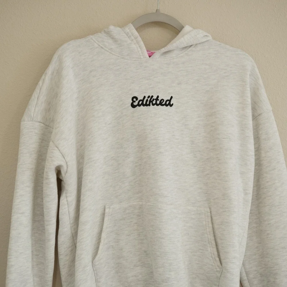 Edikted XS Oversized Heart Elbow Patch Embroidered Logo Hoodie Gray Heather